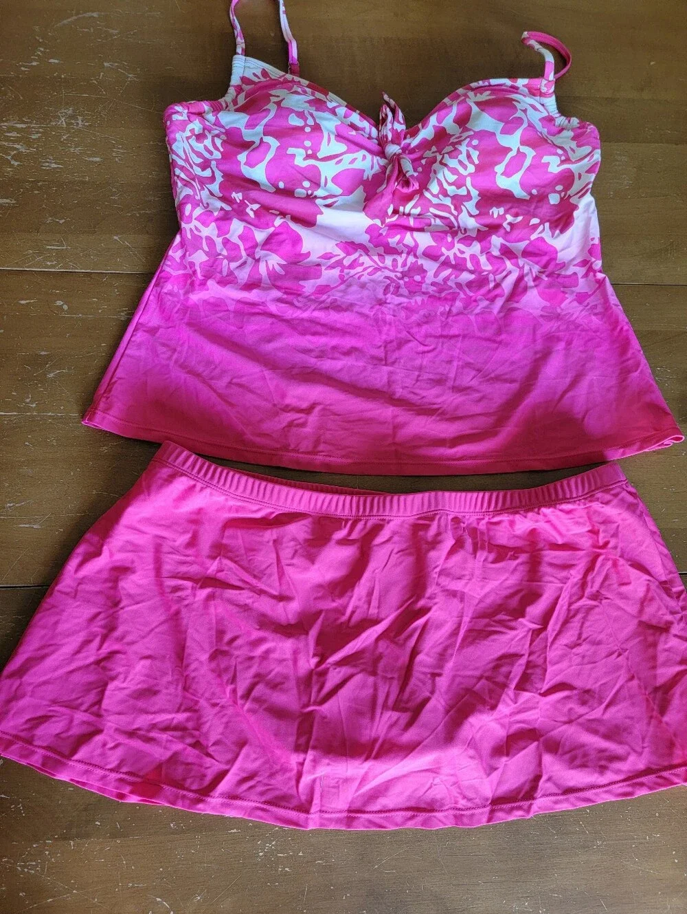 Plus Size Floral Pink Tie-Front Tankini Top & Skirt Swim Set